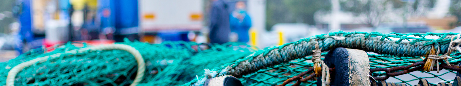 fishing nets and gear on pier with trucks in background